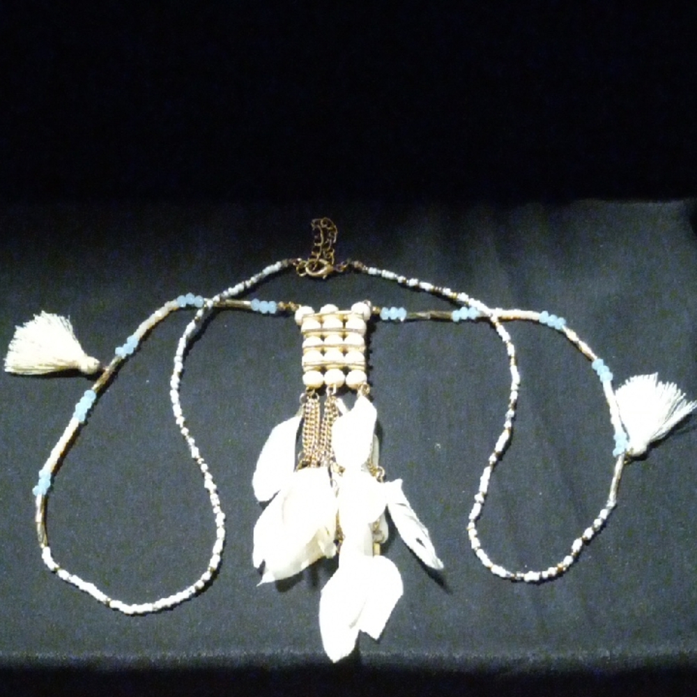 Elegant Cream and Blue Beaded Necklace with feather tassels